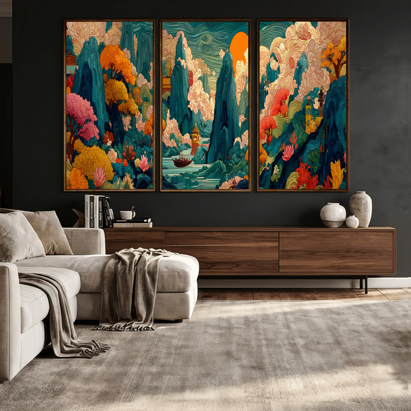 90422518-MGV-CV-48X32-3P - Colorful Japanese Landscape Print: Maximalist Panoramic Wall Art