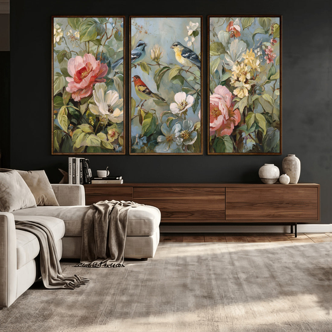 Vintage Birds and Flowers Wall Art Canvas Print, Botanical Bird Art