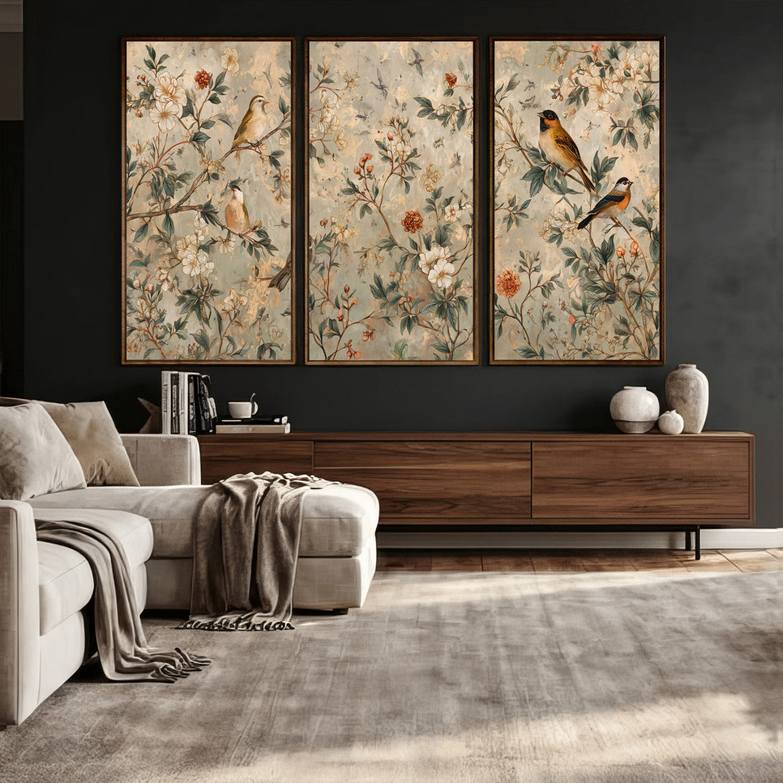 Vintage Birds and Flowers Wall Art Canvas Print, Botanical Bird Art