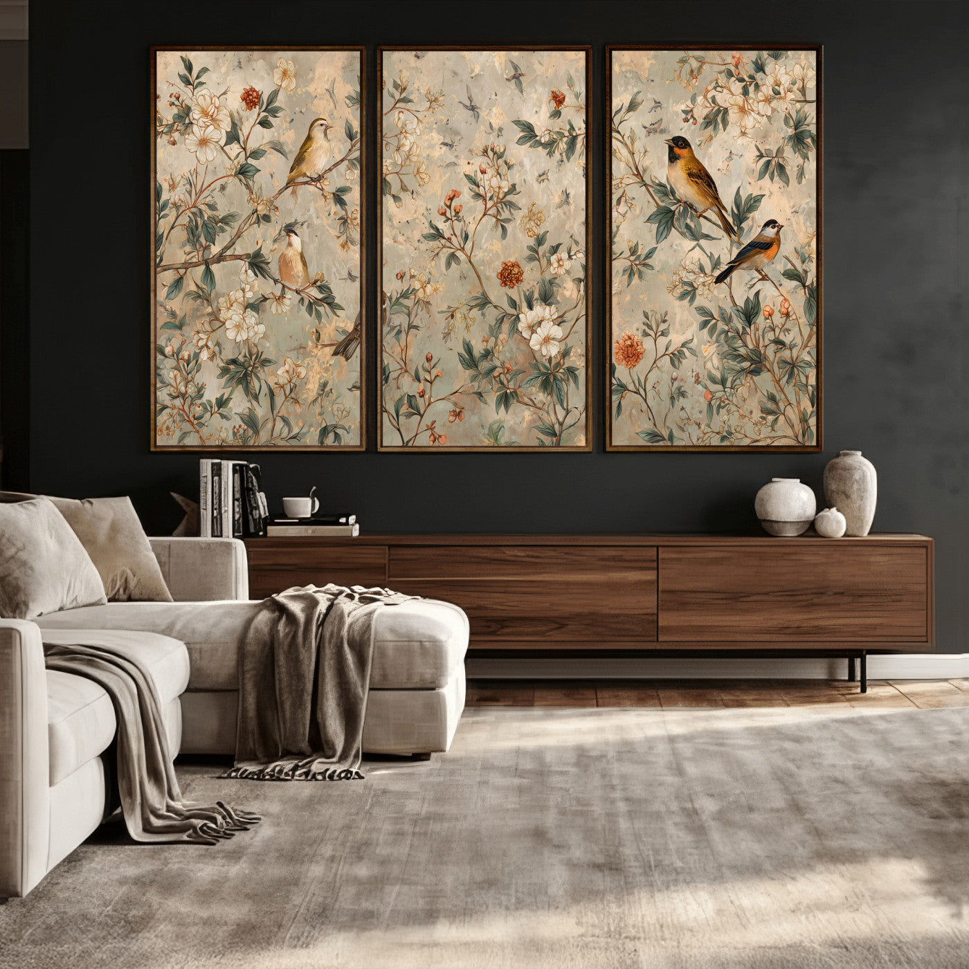 76588438-MGV-CV-36X24 - Vintage Birds and Flowers Wall Art Canvas Print, Botanical Bird Painting Canvas Print, Floral Garden Bird Artwork Canvas Print, Classic Bird Flower Painting Canvas Print