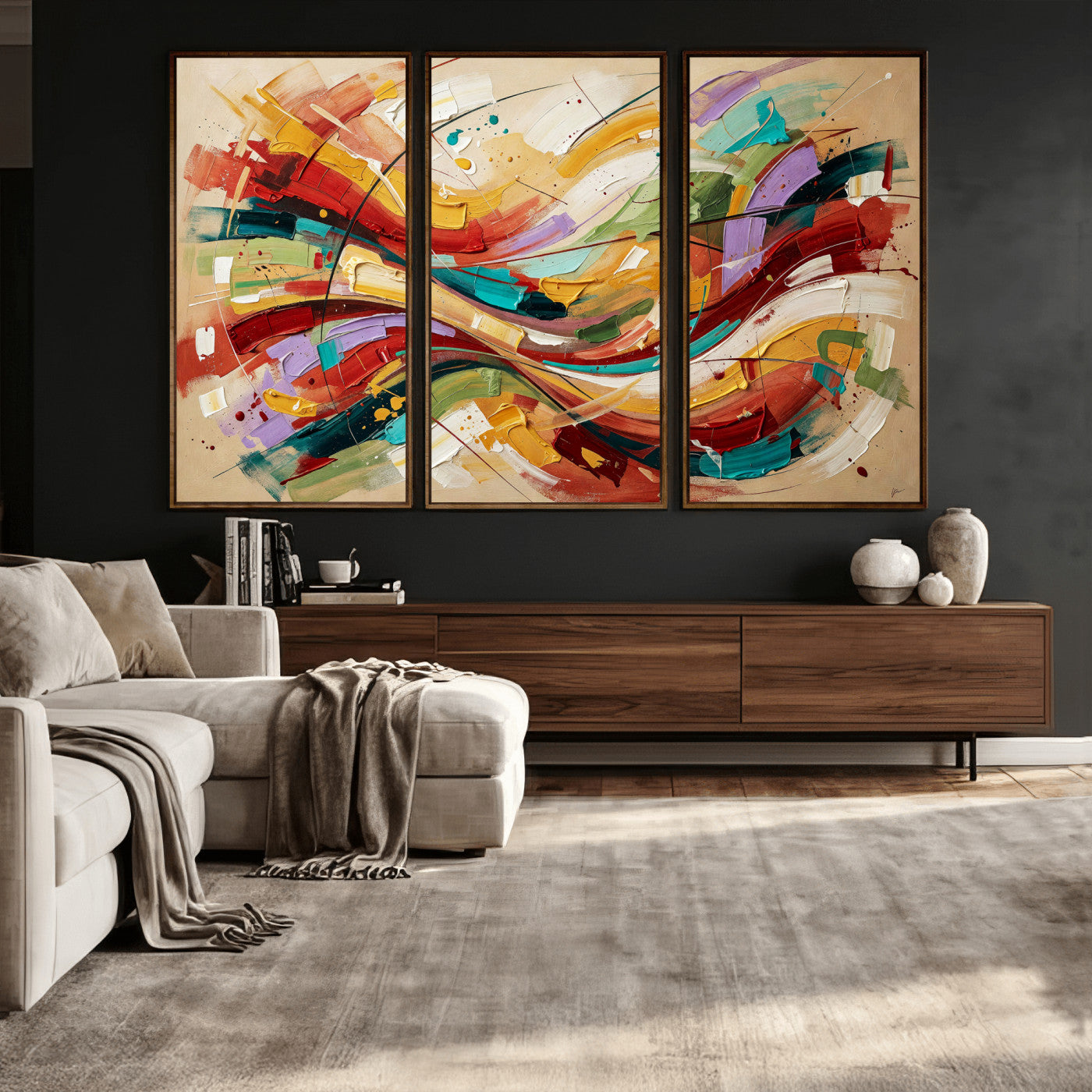 39887645-MGV-CV-36X24 - Geometric Abstract Wall Art Canvas Print, Orange Blue Abstract Expressionist Painting Print, Modern Geometric Abstract Canvas Art