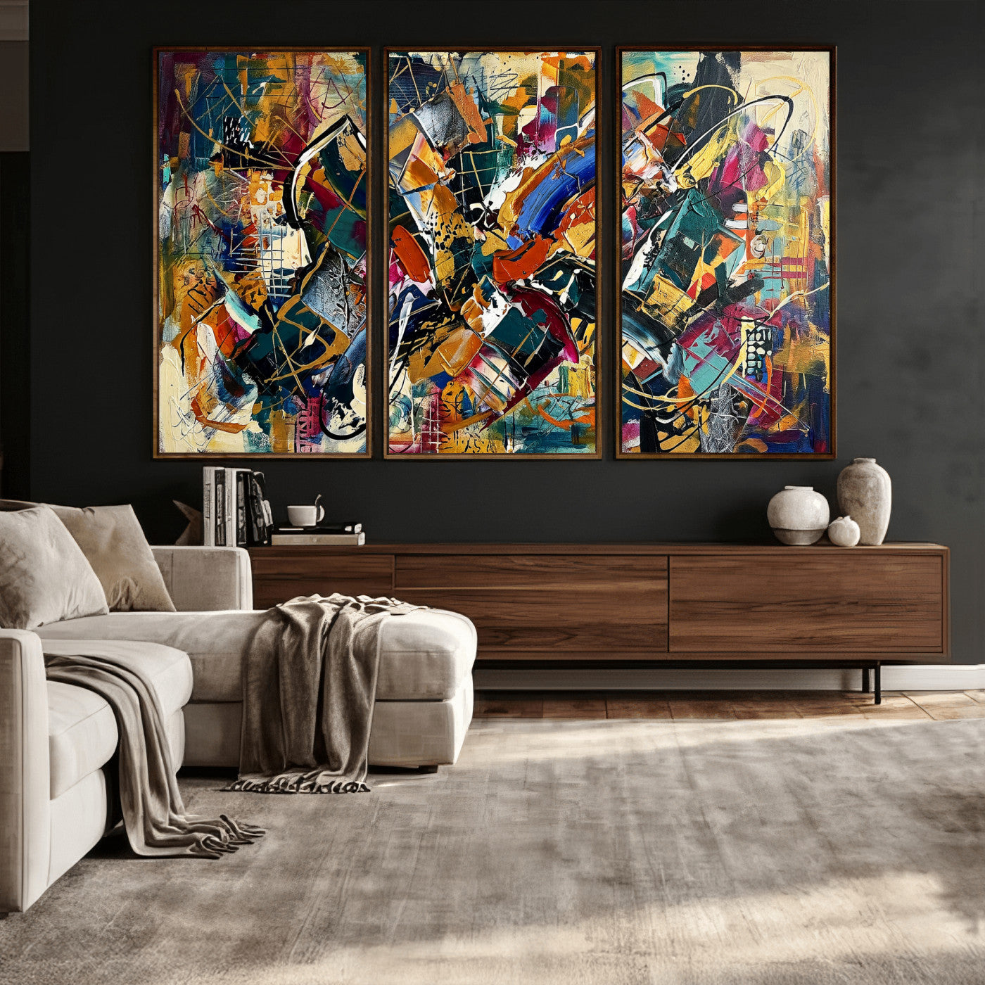 15525527-MGV-CV-36X24 - Geometric Abstract Wall Art Canvas Print, Orange Blue Abstract Expressionist Painting Print, Modern Geometric Abstract Canvas Art