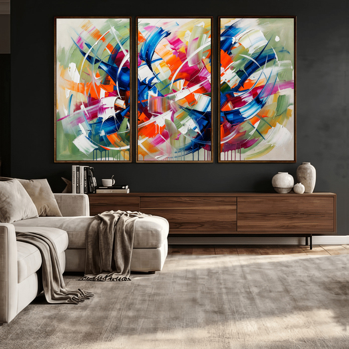 15032888-MGV-CV-36X24 - Geometric Abstract Wall Art Canvas Print, Orange Blue Abstract Expressionist Painting Print, Modern Geometric Abstract Canvas Art