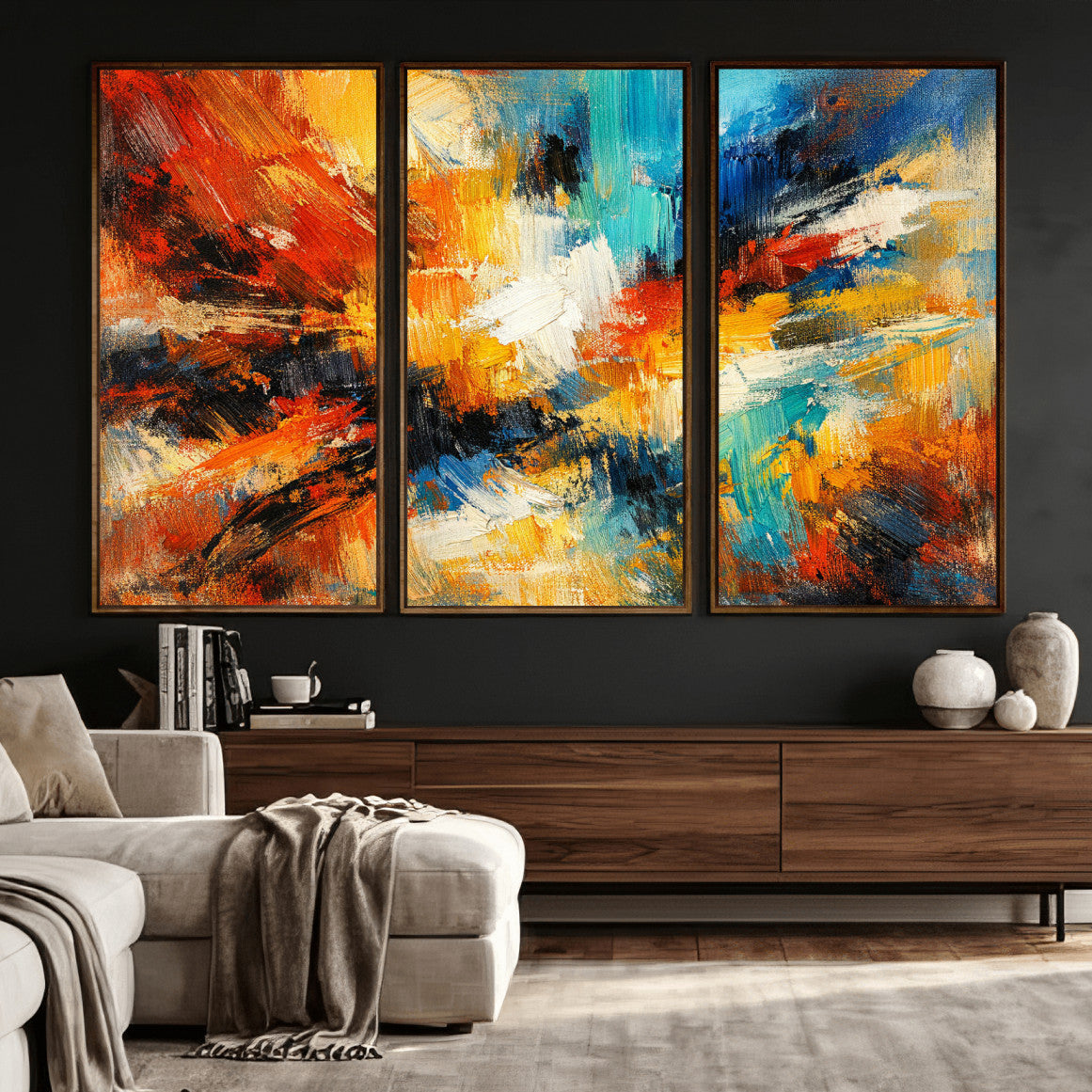 93167583-MGV-CV-36X24 - Geometric Abstract Wall Art Canvas Print, Orange Blue Abstract Expressionist Painting Print, Modern Geometric Abstract Canvas Art