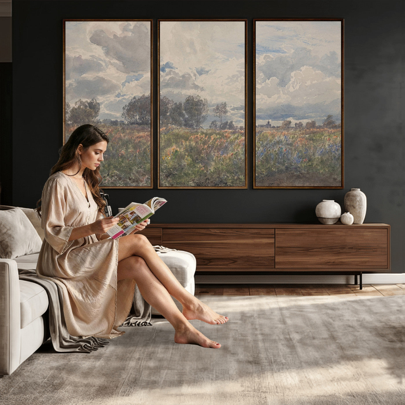 76626885-MGV-CV-36X24 - Vintage Watercolor Meadow Canvas Wall Art — English Pastoral Wildflower Storm Sky Print | Cottagecore Nature Decor | Classic Landscape Gift