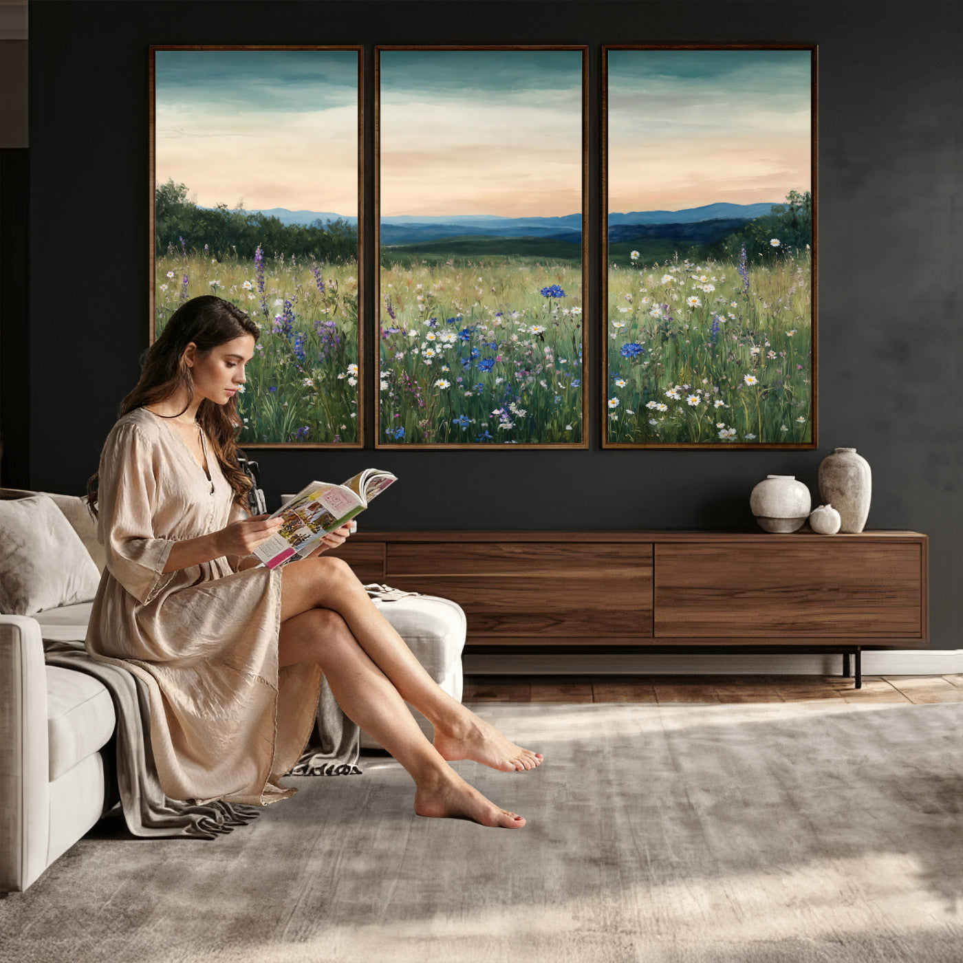 35773805-MGV-CV-36X24 - Wildflower Meadow Oil Painting Canvas Print - Daisy Lavender Mountain Sunset Print | Cottagecore Floral Wall Art - Bedroom Decor Gift for Her