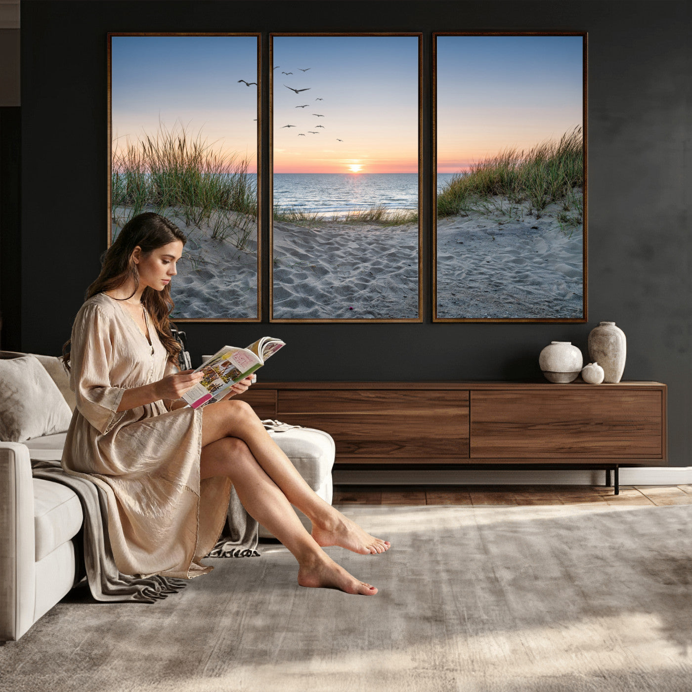 12172032-MGV-CV-36X24 - Sandy Dune Path Sunset Canvas Wall Art — Seagulls Beach Ocean Photography Print | Coastal Home Decor | Nautical Wall Art | Beach House Gift