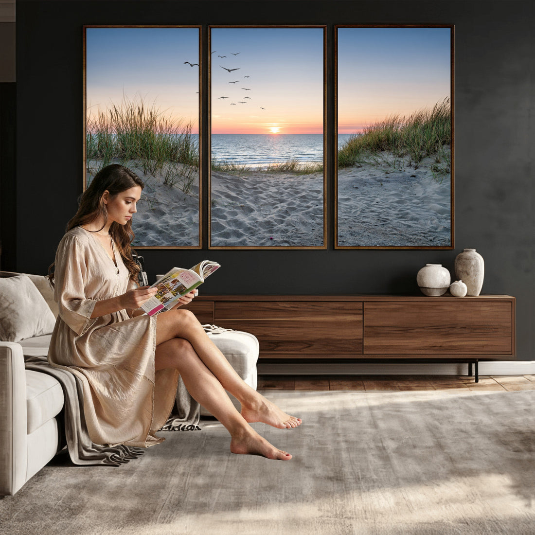 Sandy Dune Path Sunset Canvas Wall Art | Seagulls Beach Photography