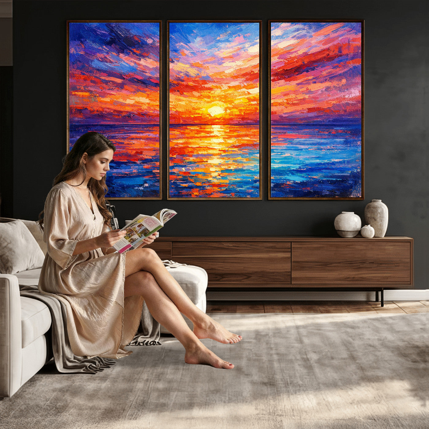 54915078-MGV-CV-36X24 - Colorful Knife Ocean Sunset Canvas — Orange Pink Teal Expressionist Sea Print | Colorful Coastal Wall Art | Vibrant Beach Decor Gift