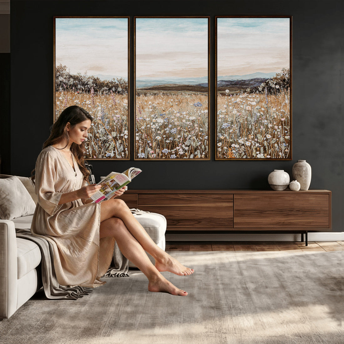 Neutral Wildflower Field Canvas Wall Art | Beige Earth Tone