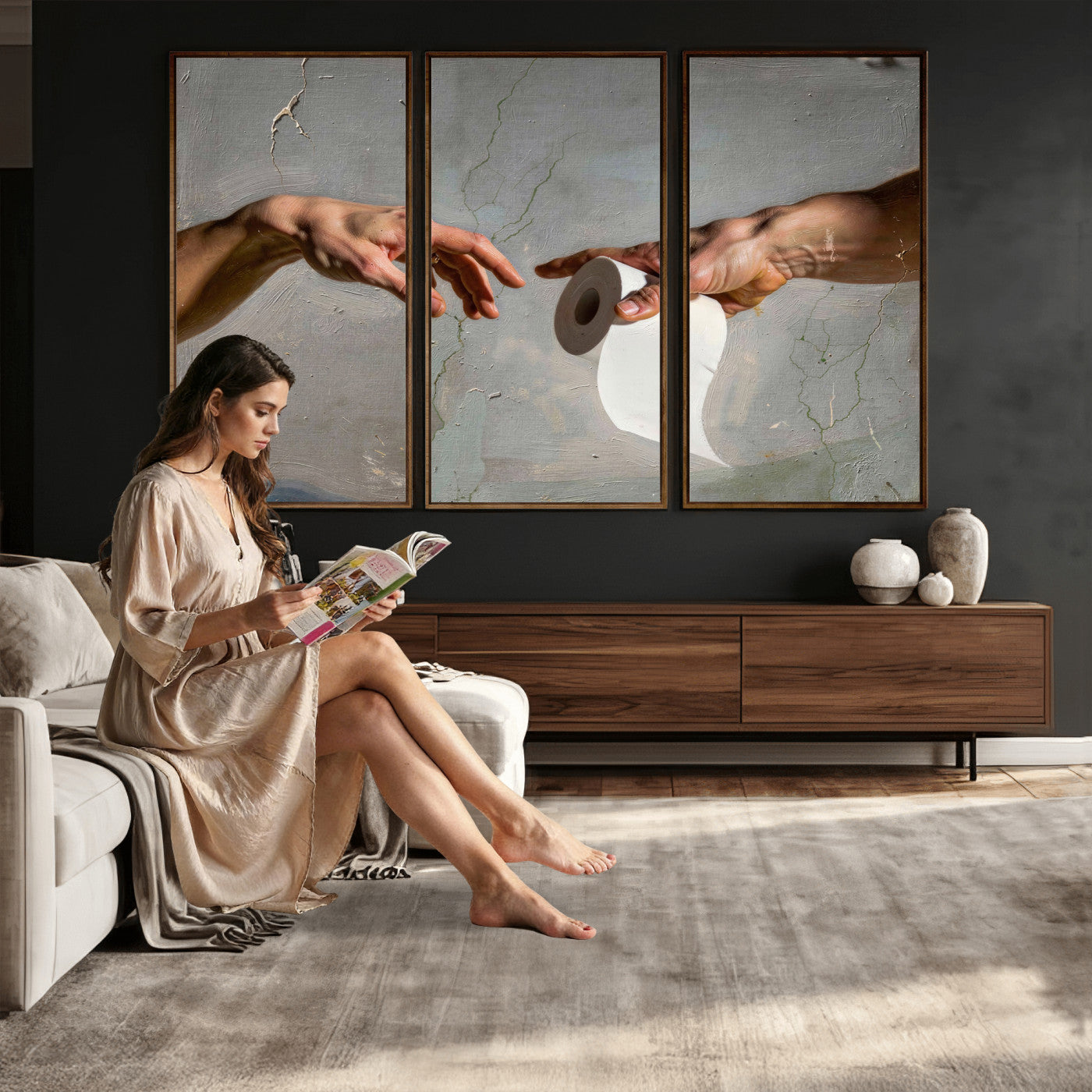 72030048-MGV-CV-36X24 - Funny Bathroom Wall Art Canvas, Creation of Toilet Paper Parody Print, Renaissance Humor Decor, Toilet Room Art, Quirky Housewarming Gift, Classic Art Spoof