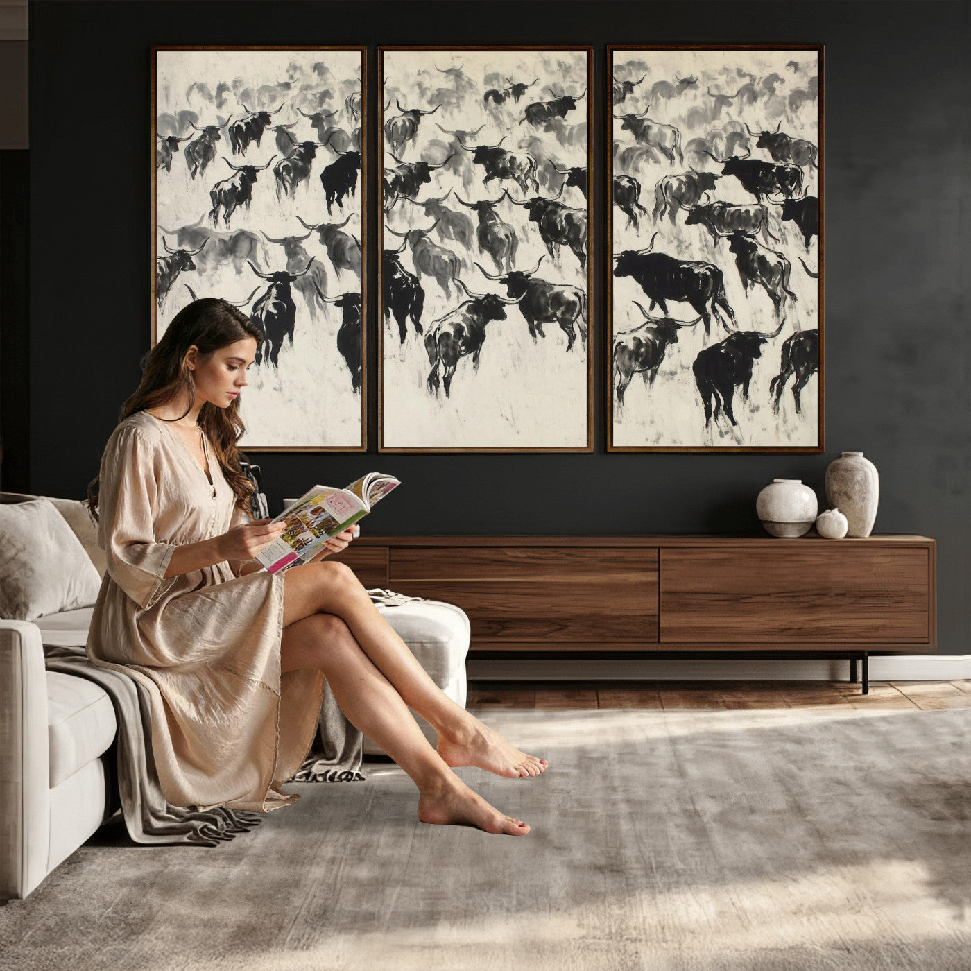 68669792-MGV-CV-36X24 - Longhorn Cattle Canvas Wall Art, Black White Stampede Ink Painting Print, Western Farmhouse Decor, Bull Herd Art, Large Living Room Wall Art, Ranch Home Decor