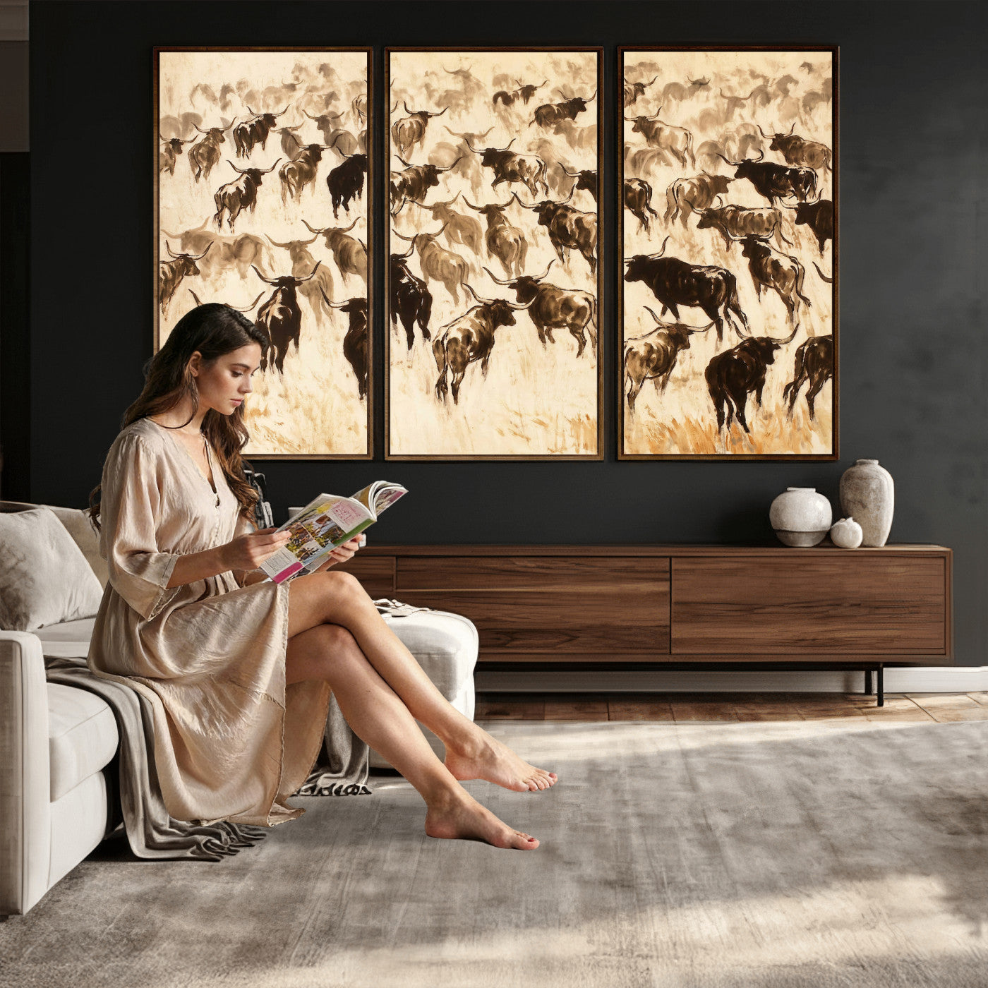 39077774-MGV-CV-36X24 - Texas Longhorn Sepia Canvas Wall Art, Western Cattle Stampede Painting Print, Warm Amber Ranch Decor, Rustic Cowboy Home Art, Large Living Room Decor