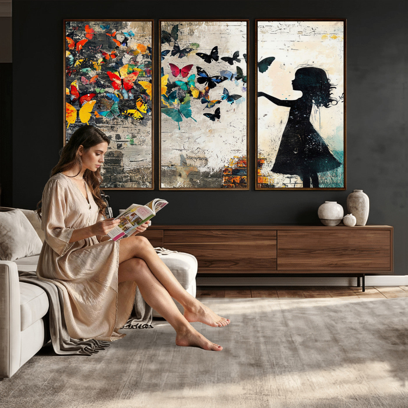 33909022-MGV-CV-36X24 - Banksy Butterfly Girl Wall Art Canvas Print, Framed Street Art Silhouette Graffiti Artwork, Colorful Butterfly Wall Decor for Living Room Bedroom Office