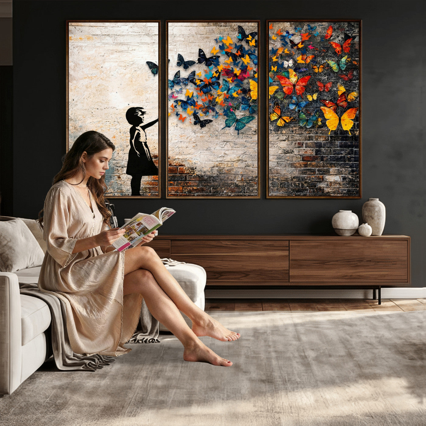 78760384-MGV-CV-36X24 - Banksy Graffiti Butterfly Girl Wall Art Canvas Print, Framed Street Art Canvas Print, Silhouette Butterfly Wall Art for Living Room Bedroom Office