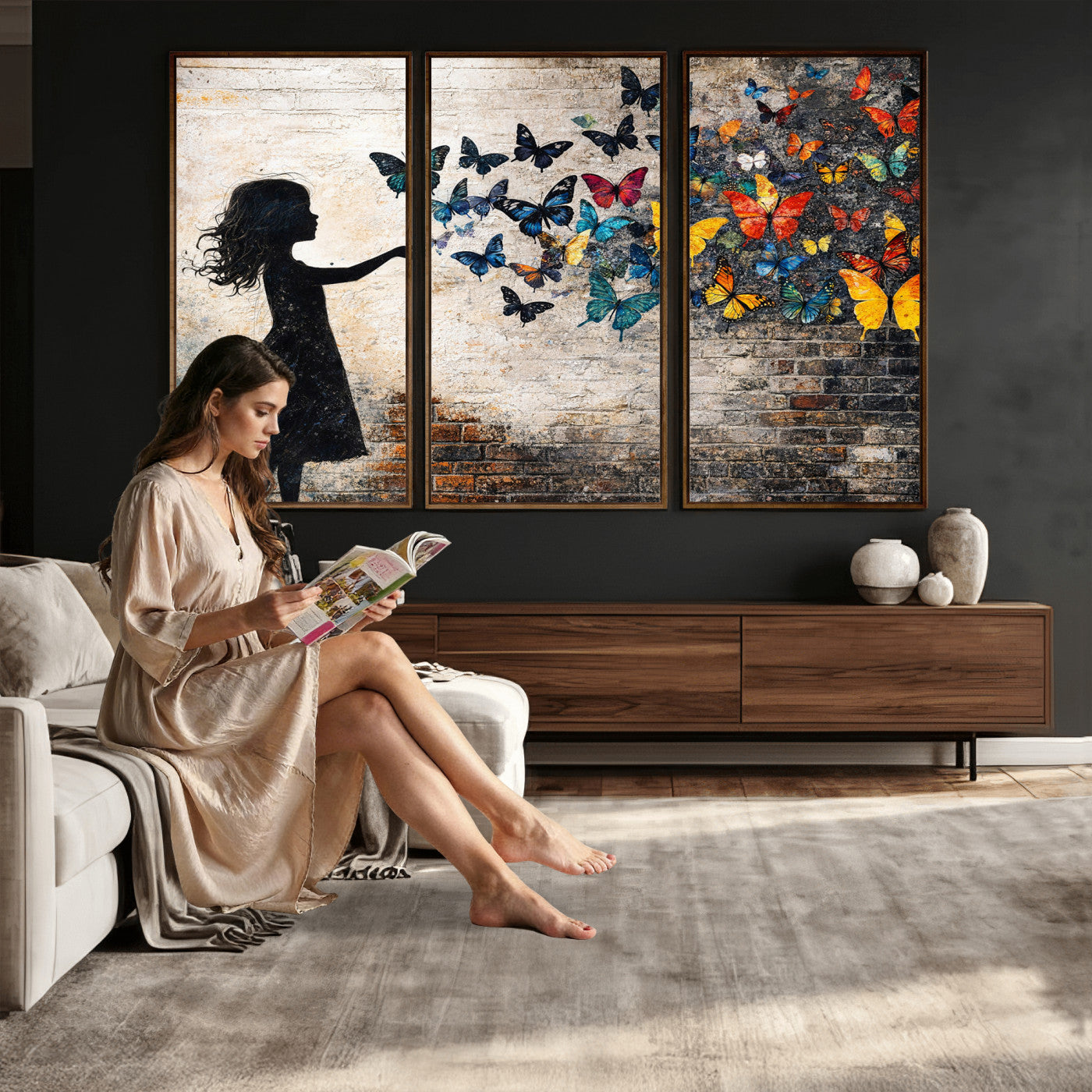 70522594-MGV-CV-36X24 - Banksy Butterfly Girl Wall Art Canvas Print, Framed Street Art Canvas Print, Graffiti Silhouette Butterfly Wall Art for Living Room Bedroom Office