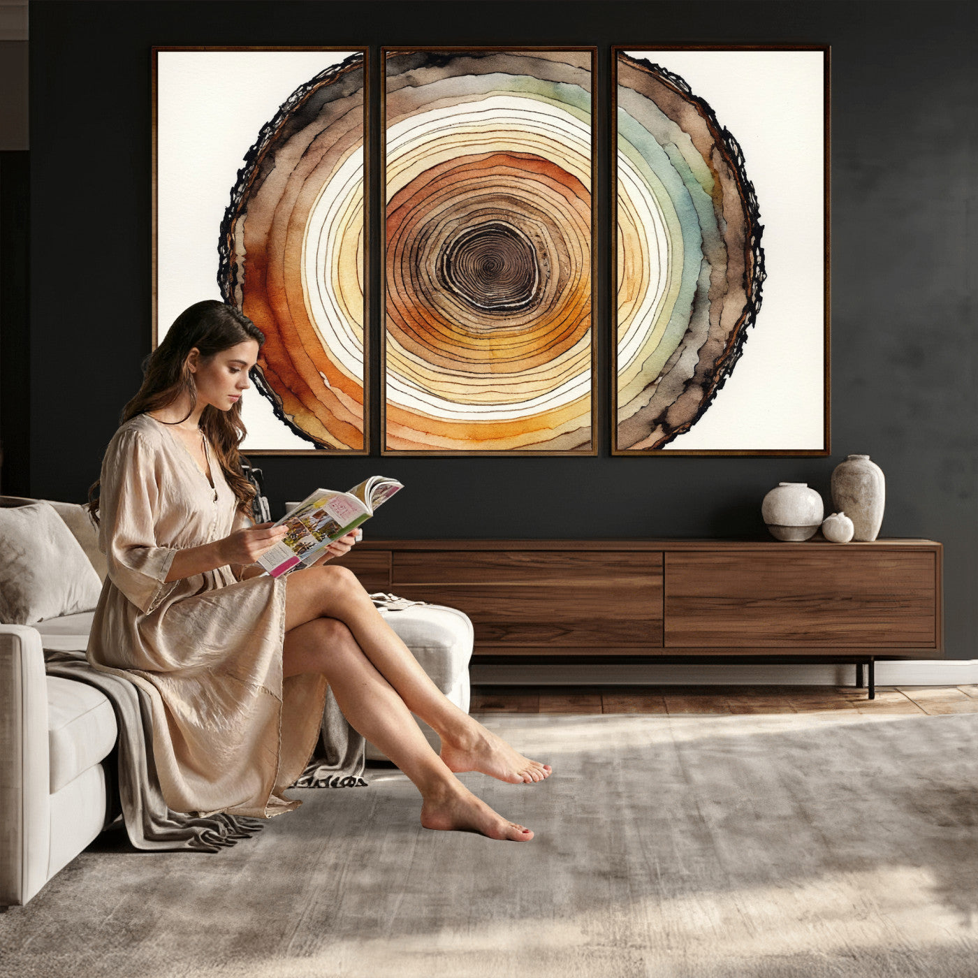 13719680-MGV-CV-36X24 - Natural Wood Slice Wall Art Canvas Print, Tree Ring Wall Art, Framed Abstract Nature Wall Decor, Earth Tone Statement Canvas Print