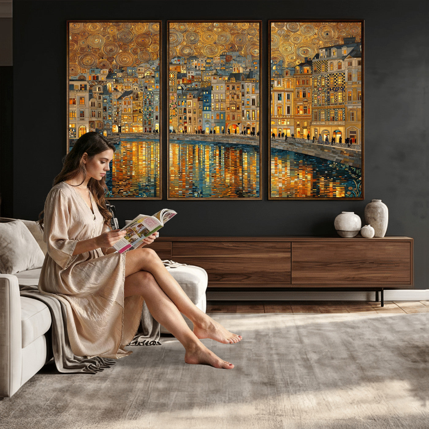 94022787-MGV-CV-36X24 - Gustav Klimt Golden Cityscape Wall Art Canvas Print, Framed River Town Landscape Artwork, Ornate Architecture Wall Decor for Living Room Bedroom Office