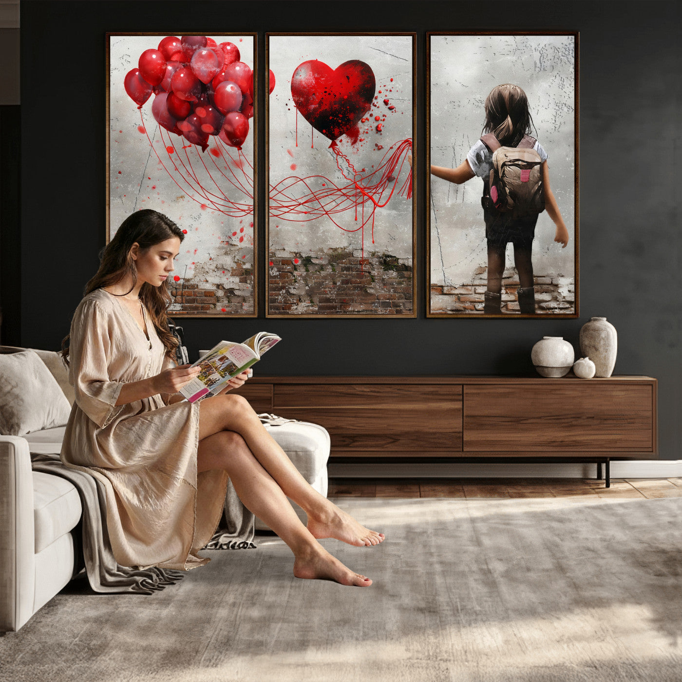 2162830T-MGV-CV-36X24 - Girl Graffiti Wall Art Canvas Print, Red Balloon Heart Street Art, Urban Love Artwork for Living Room Bedroom Hallway Office, Modern Abstract Canvas Wall Decor Home Decor