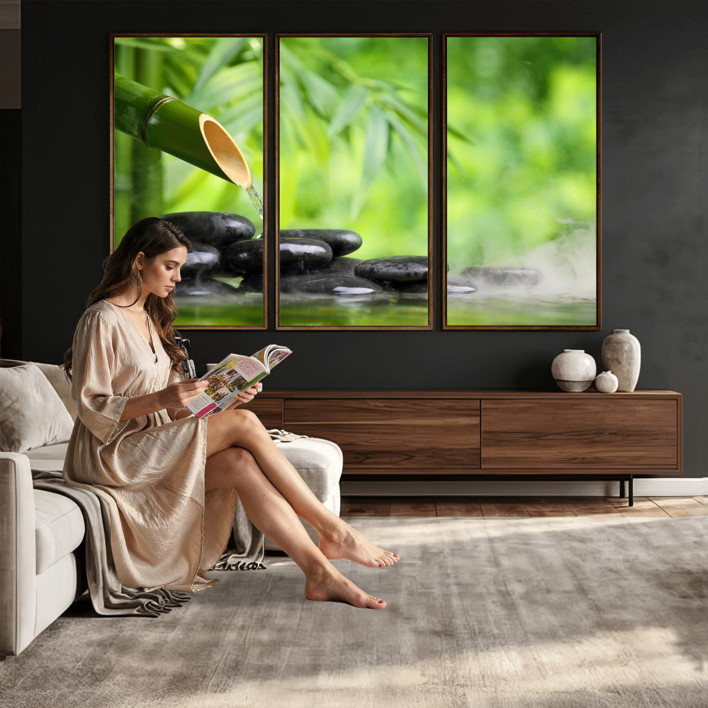 26961320-MGV-CV-36X24 - Bamboo Water Flow Black Stone Canvas | Zen Spa Nature Photography Print | Green Mist Japanese Garden Wall Art | Tranquil Decor