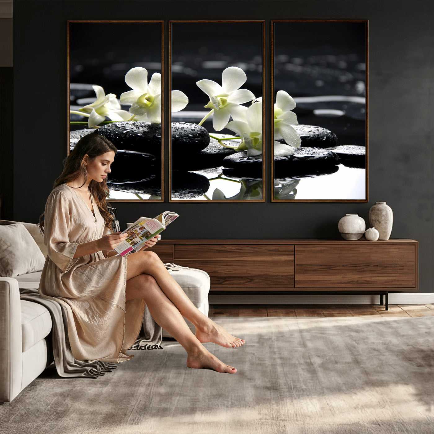 79486206-MGV-CV-36X24 - Plumeria Frangipani Black Stone Canvas | White Flower Spa Photography Print | Tropical Zen Wall Art | Grey Pebble Floral for Meditation Room Decor