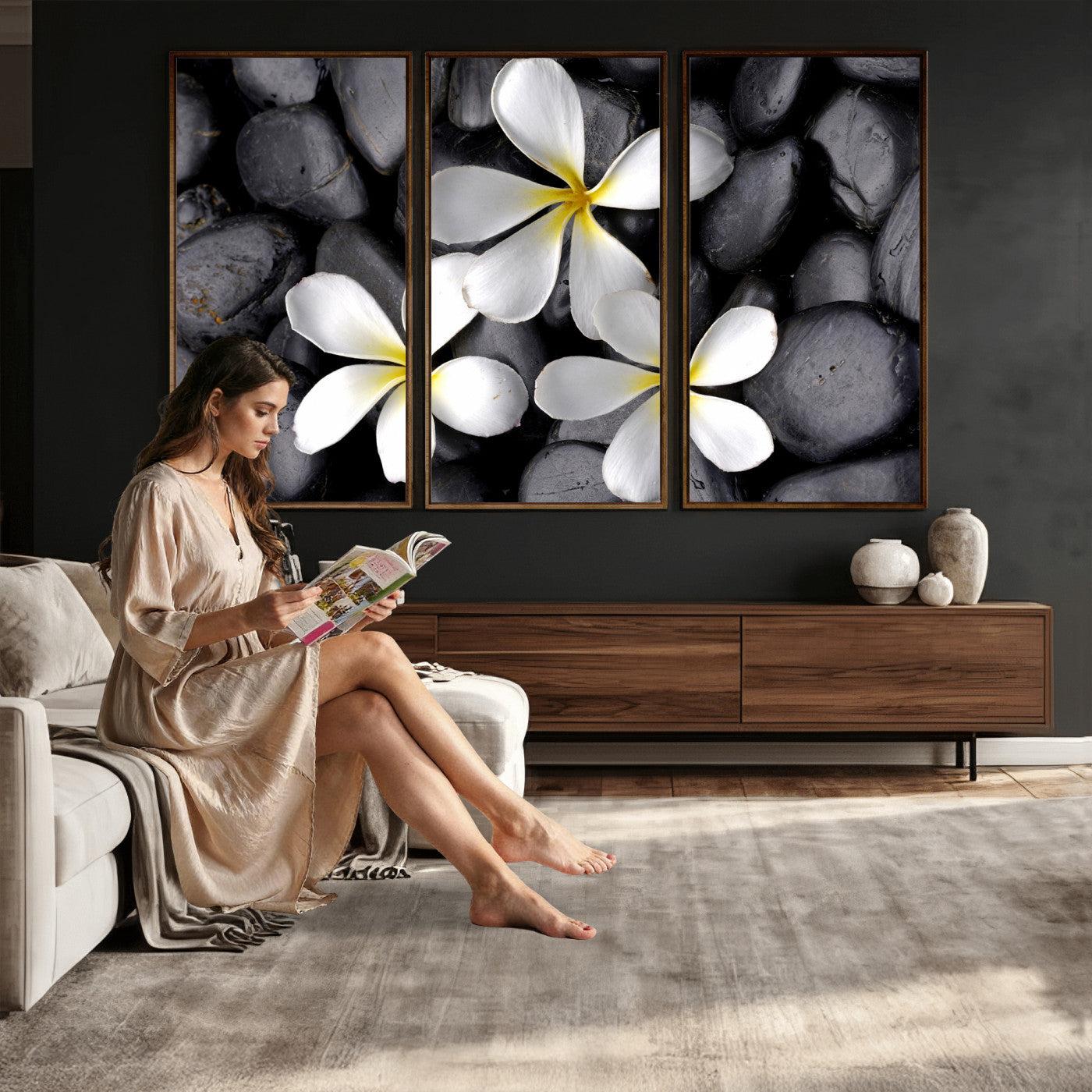 43639613-MGV-CV-36X24 - Plumeria Frangipani Black Stone Canvas | White Flower Spa Photography Print | Tropical Zen Wall Art | Grey Pebble Floral Decor