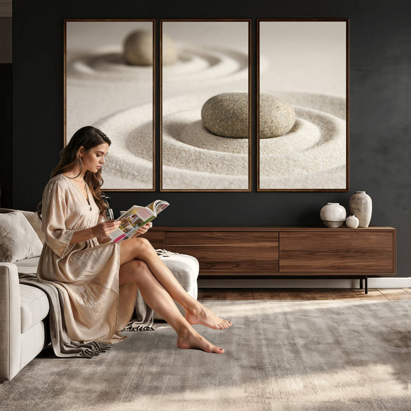 13397966-MGV-CV-36X24 - Zen Garden Stone Sand Canvas | Japanese Rock Garden Wall Art | Minimalist Meditation Print | Neutral Beige Mindfulness Decor