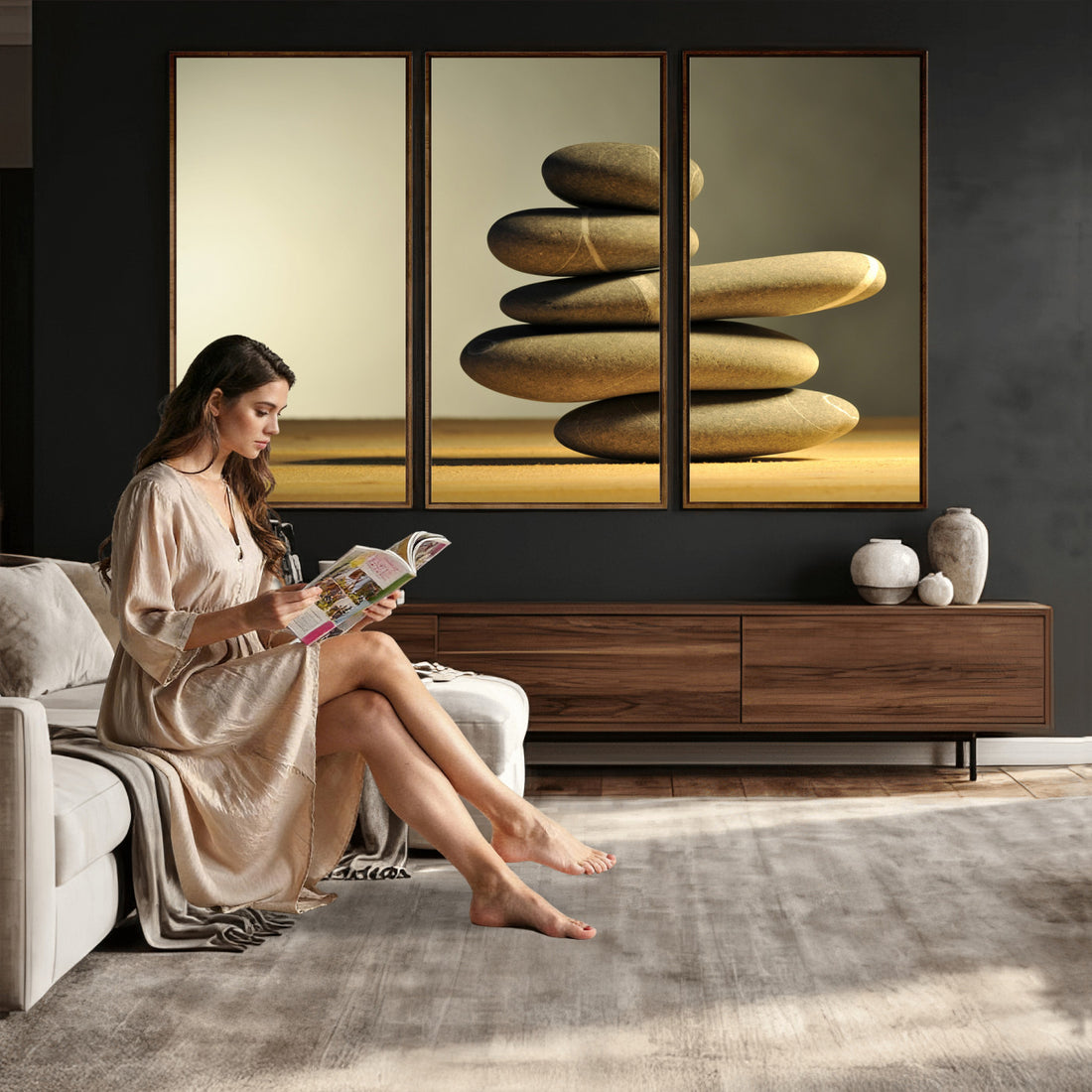 Zen Stone Wall Art Canvas Print, Balanced Rock Stack Framed Artwork