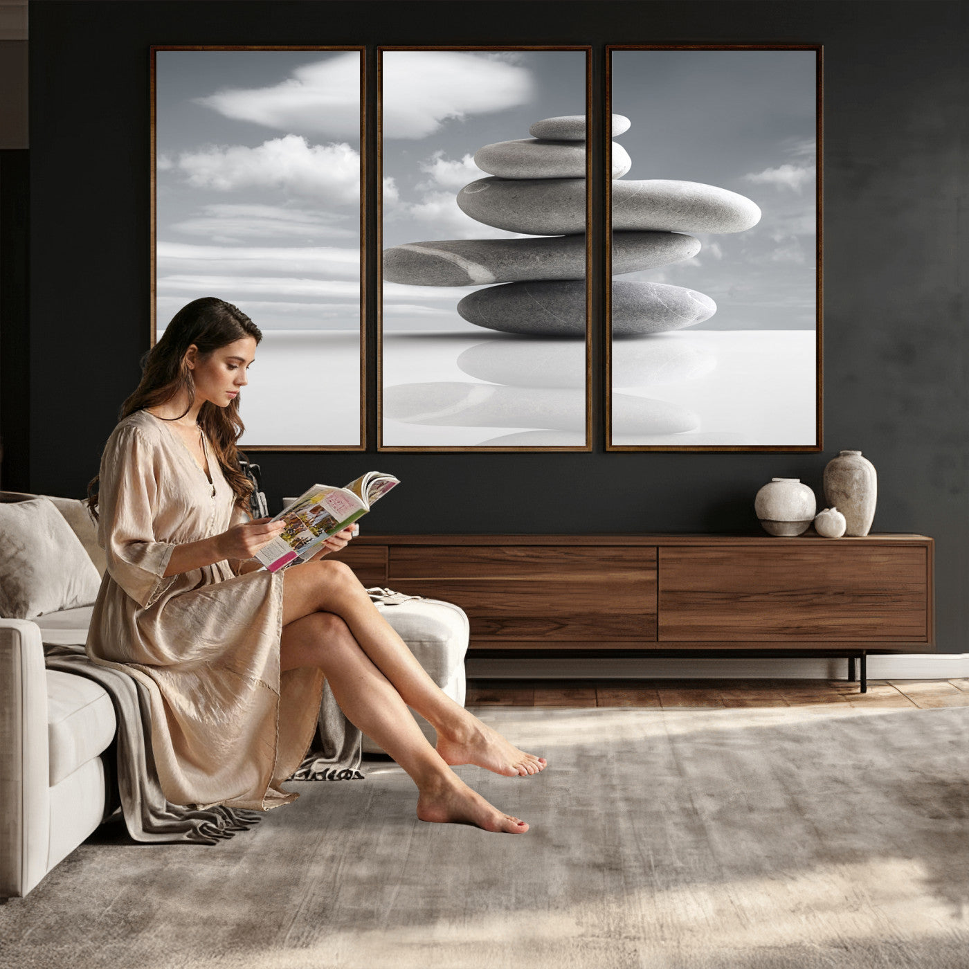 86426188-MGV-CV-36X24 - Zen Stone Wall Art Canvas Print, Balanced Rock Stack Framed Spa Artwork, Minimalist Meditation Decor for Living Room Bedroom Office Bathroom