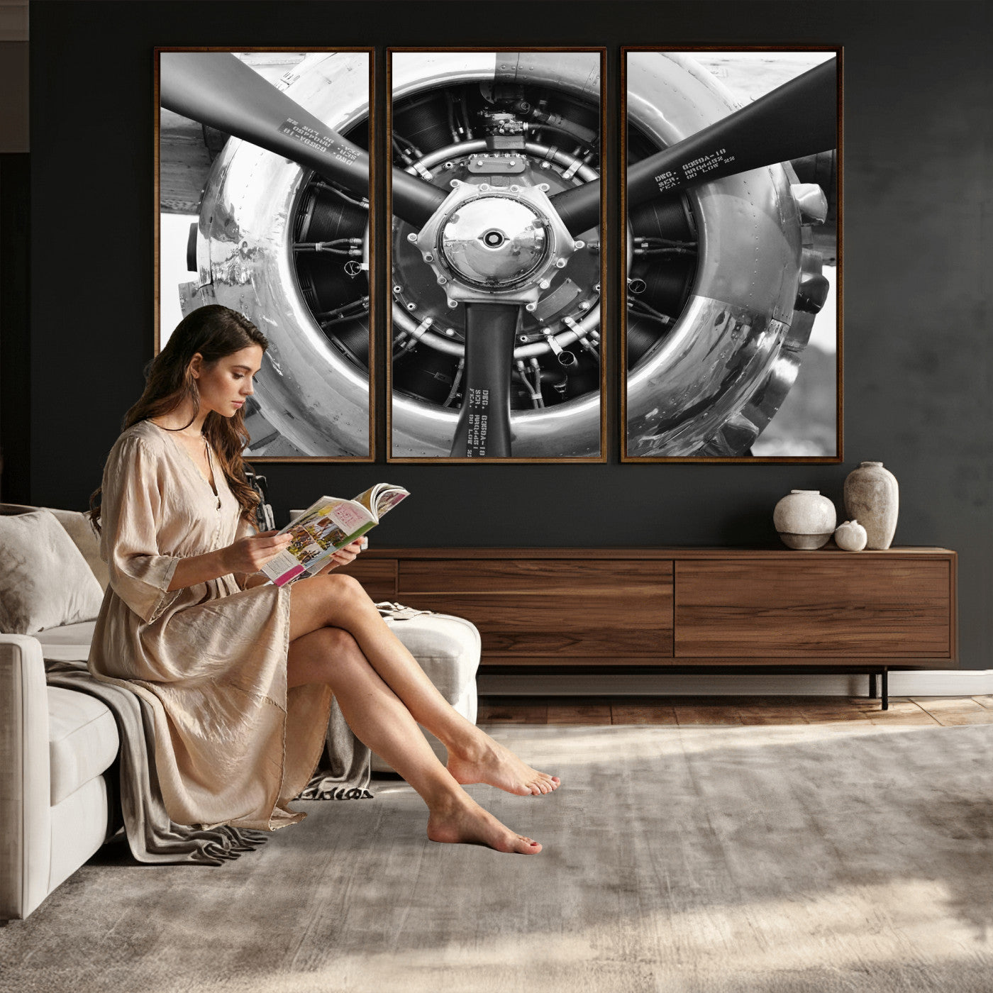 73322230-MGV-CV-36X24 - Vintage Propeller Plane Wall Art Canvas Print, Black and White Airplane Engine Close Up Framed Aviation Artwork for Pilot Office Hangar Decor