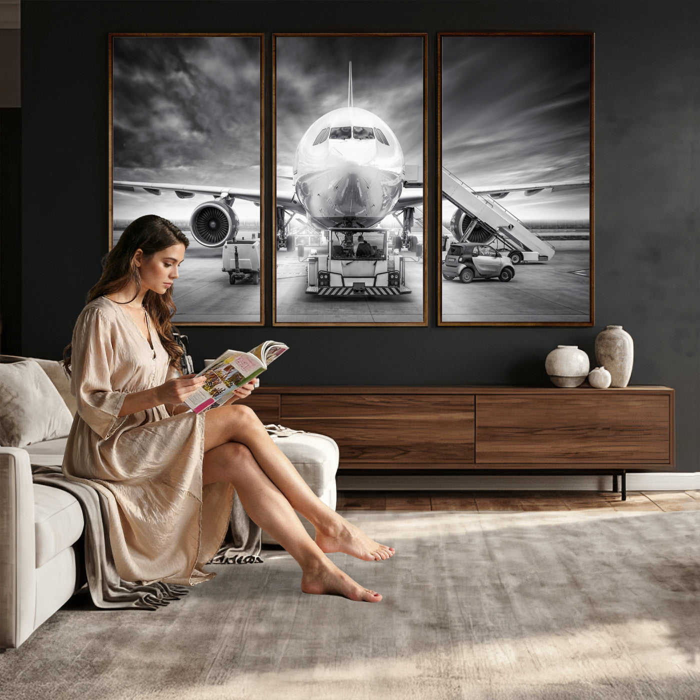 85885848-MGV-CV-36X24 - Airplane Wall Art Canvas Print, Black and White Jet Aircraft Airport Runway Framed Aviation Artwork for Pilot Office Hangar Travel Decor