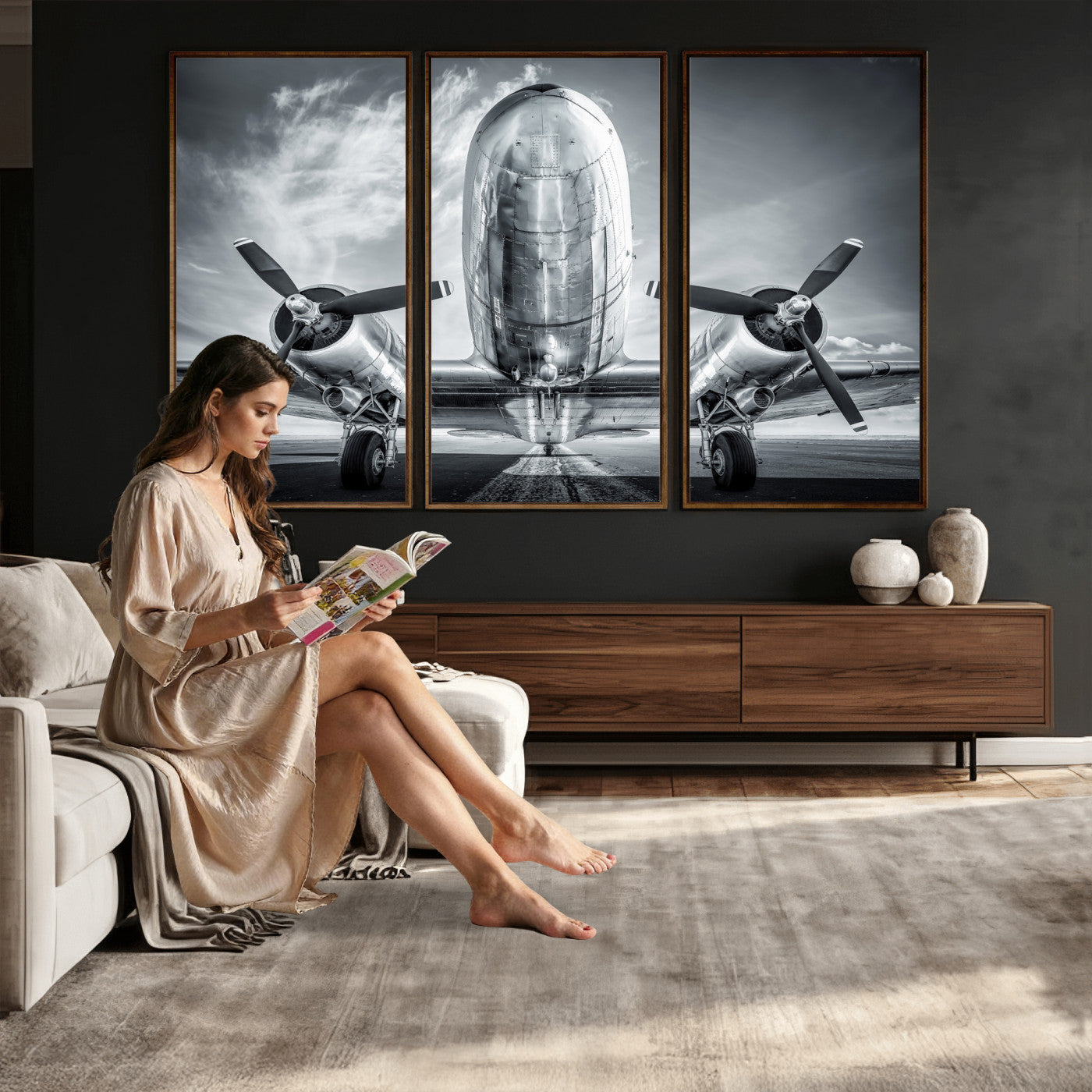 59729636-MGV-CV-36X24 - Vintage Propeller Plane Wall Art Canvas Print, Black and White Airplane Engine Close Up Framed Aviation Artwork for Pilot Office Hangar Decor