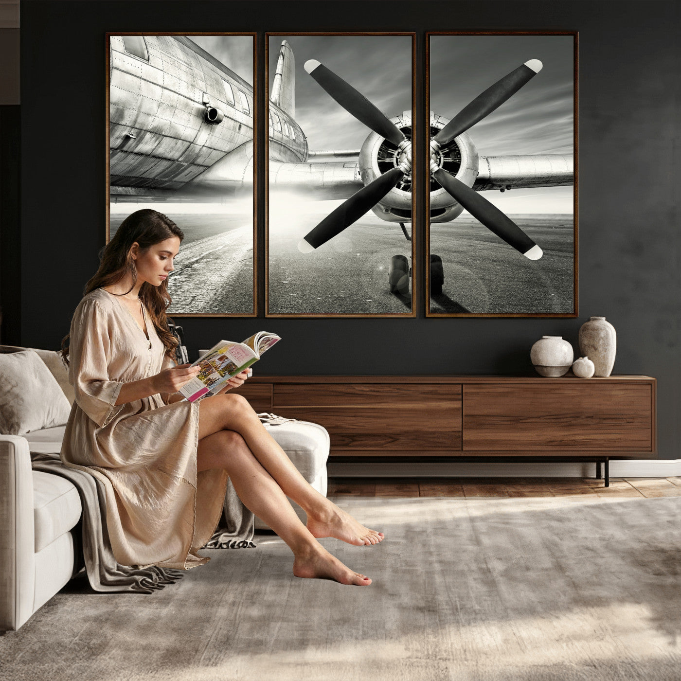 16420255-MGV-CV-36X24 - Vintage Airplane Wall Art Canvas Print, Black and White Propeller Aircraft Framed Aviation Artwork for Pilot Office Hangar Living Room Decor