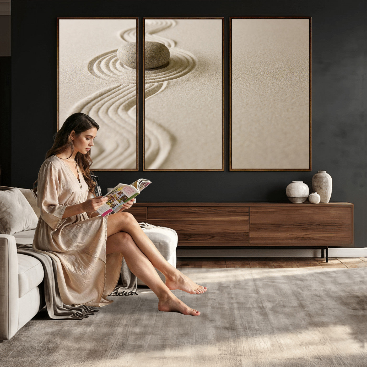 66852661-MGV-CV-36X24 - Zen Garden Stone Sand Canvas | Japanese Rock Garden Wall Art | Minimalist Meditation Print | Neutral Beige Mindfulness Decor