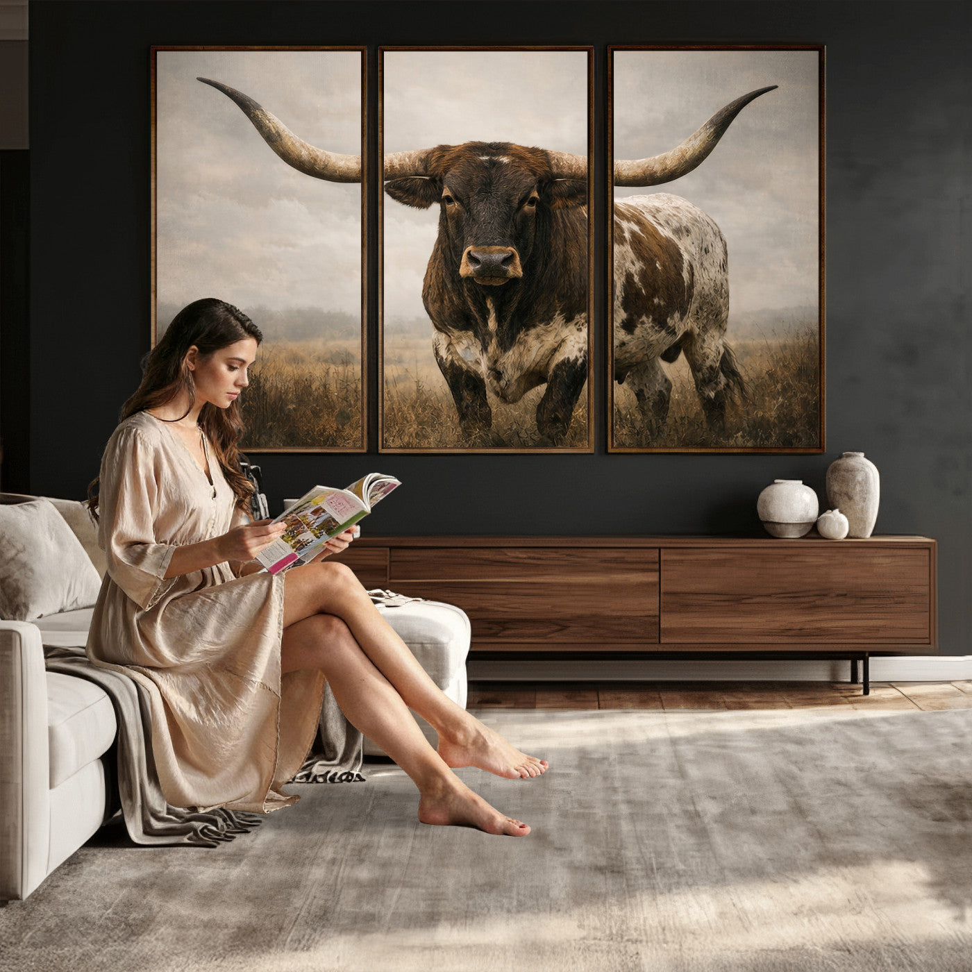 17622011L-MGV-CV-36X24 - Longhorn Bull Wall Art Canvas Print, Western Farmhouse Cowboy Decor, Rustic Texas Ranch Cattle Artwork for Living Room Bedroom Office, Framed Wall Decor
