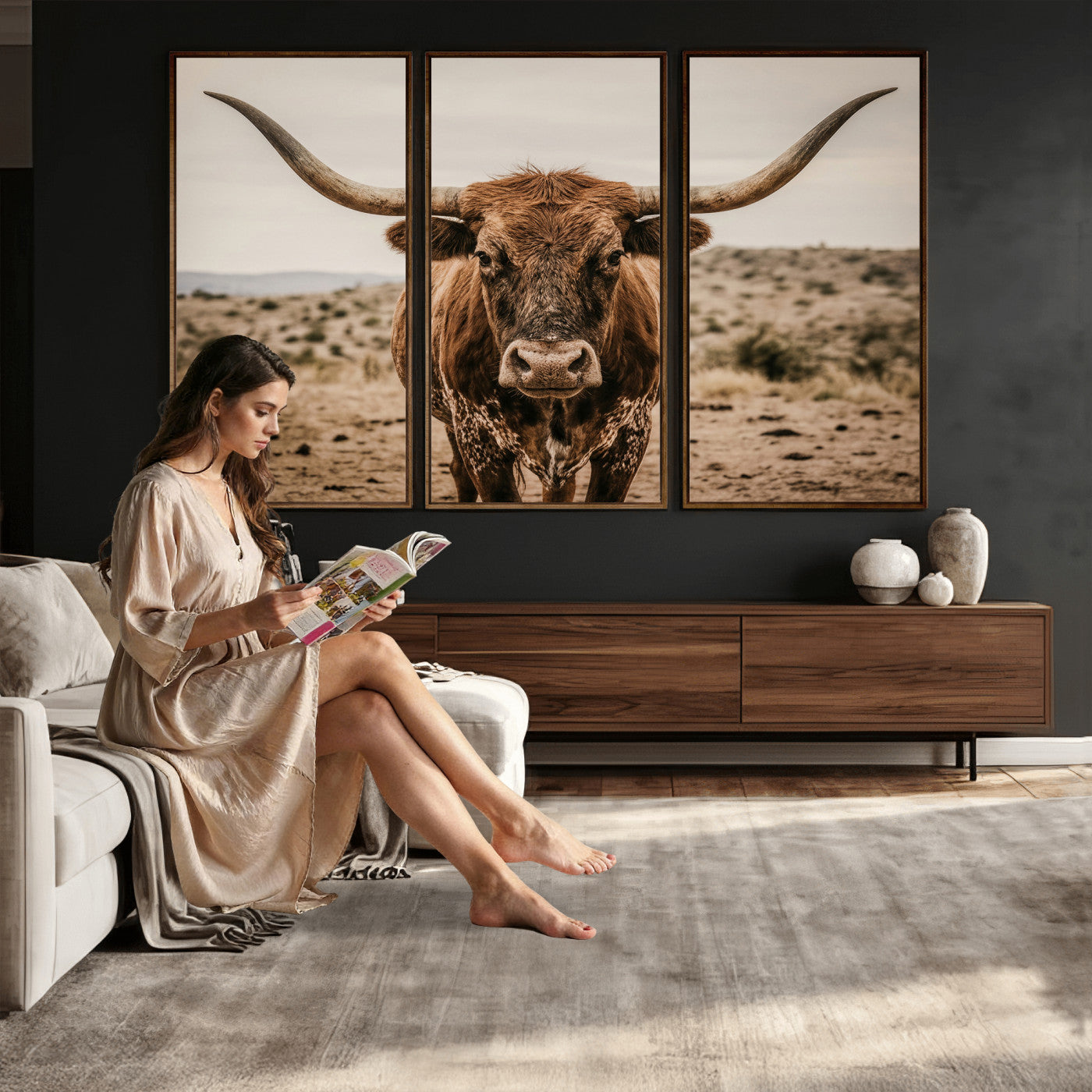 17622011K-MGV-CV-36X24 - Texas Longhorn Bull Wall Art Canvas Print, Western Farmhouse Cowboy Decor, Rustic Texas Ranch Cattle Artwork for Living Room Bedroom Office, Framed Wall Decor