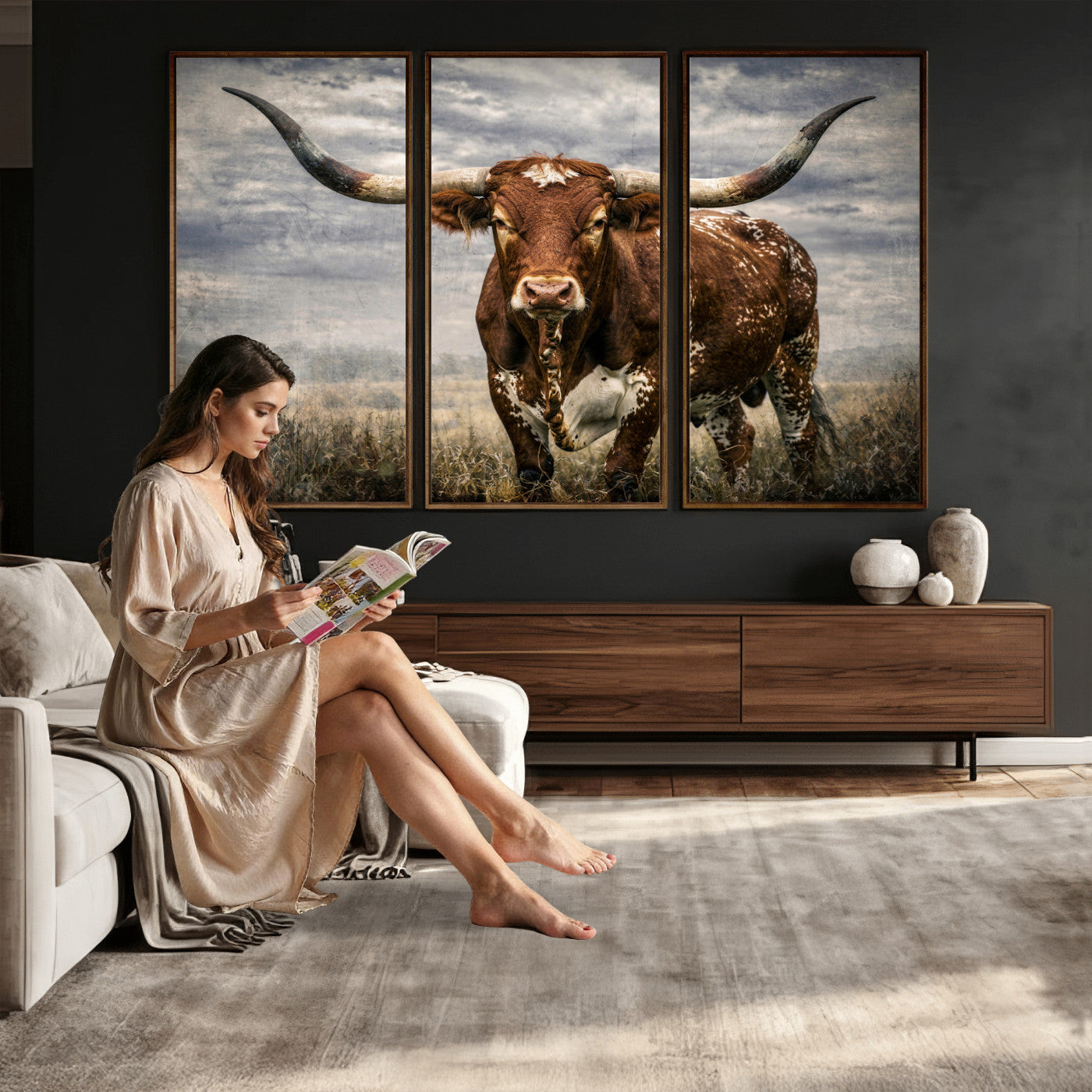 14372769-MGV-CV-36X24 - Texas Longhorn Canvas Wall Art Western Bull Desert Moody Grey Overcast Rustic Farmhouse Framed Large for Living Room Bedroom Office Decor