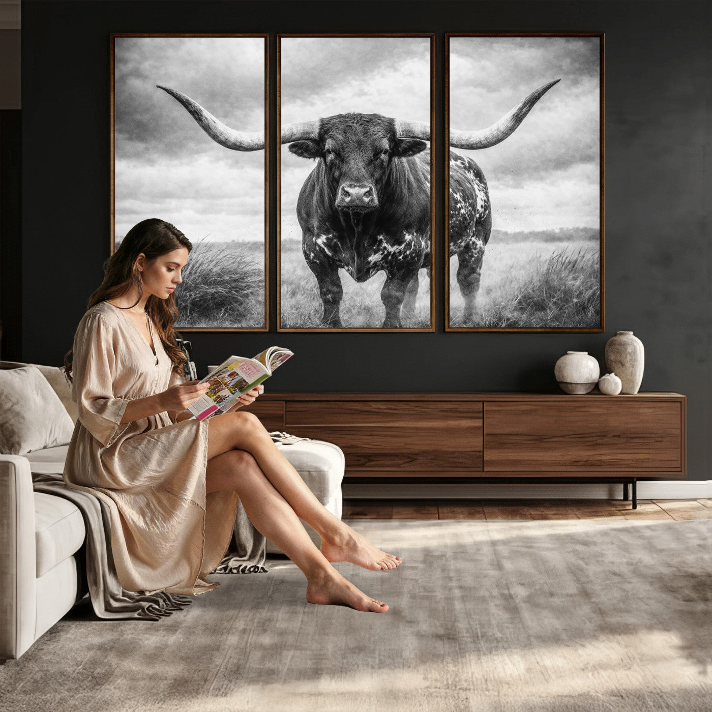 19951238-MGV-CV-36X24 - Texas Longhorn Canvas Wall Art Western Bull Desert Moody Grey Overcast Rustic Farmhouse Framed Large for Living Room Bedroom Office Decor