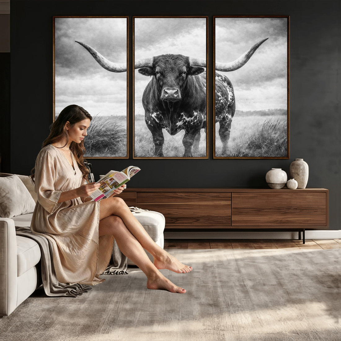 Texas Longhorn Canvas Wall Art Western Bull Desert, Framed and Ready to Hang