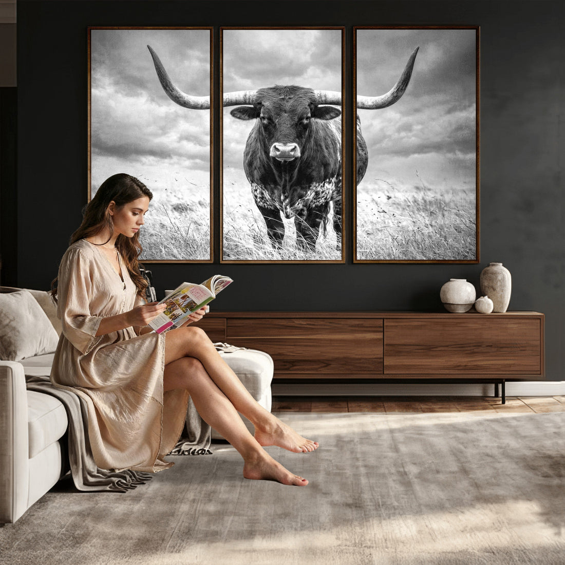 Texas Longhorn Canvas Wall Art Western Bull Desert, Moody Grey Sky