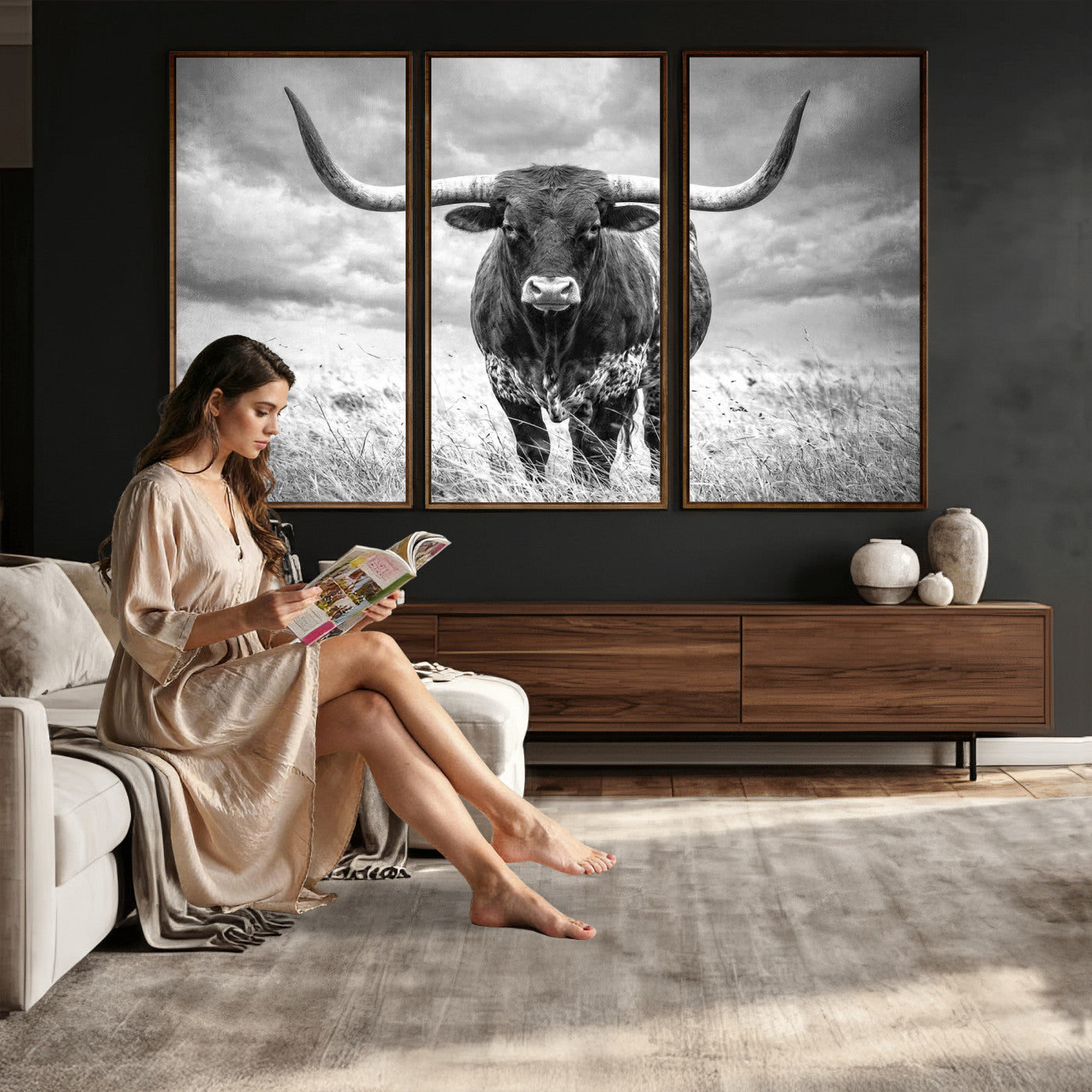 63336115-MGV-CV-36X24 - Texas Longhorn Canvas Wall Art Western Bull Desert Moody Grey Overcast Rustic Farmhouse Framed Large for Living Room Bedroom Office Decor