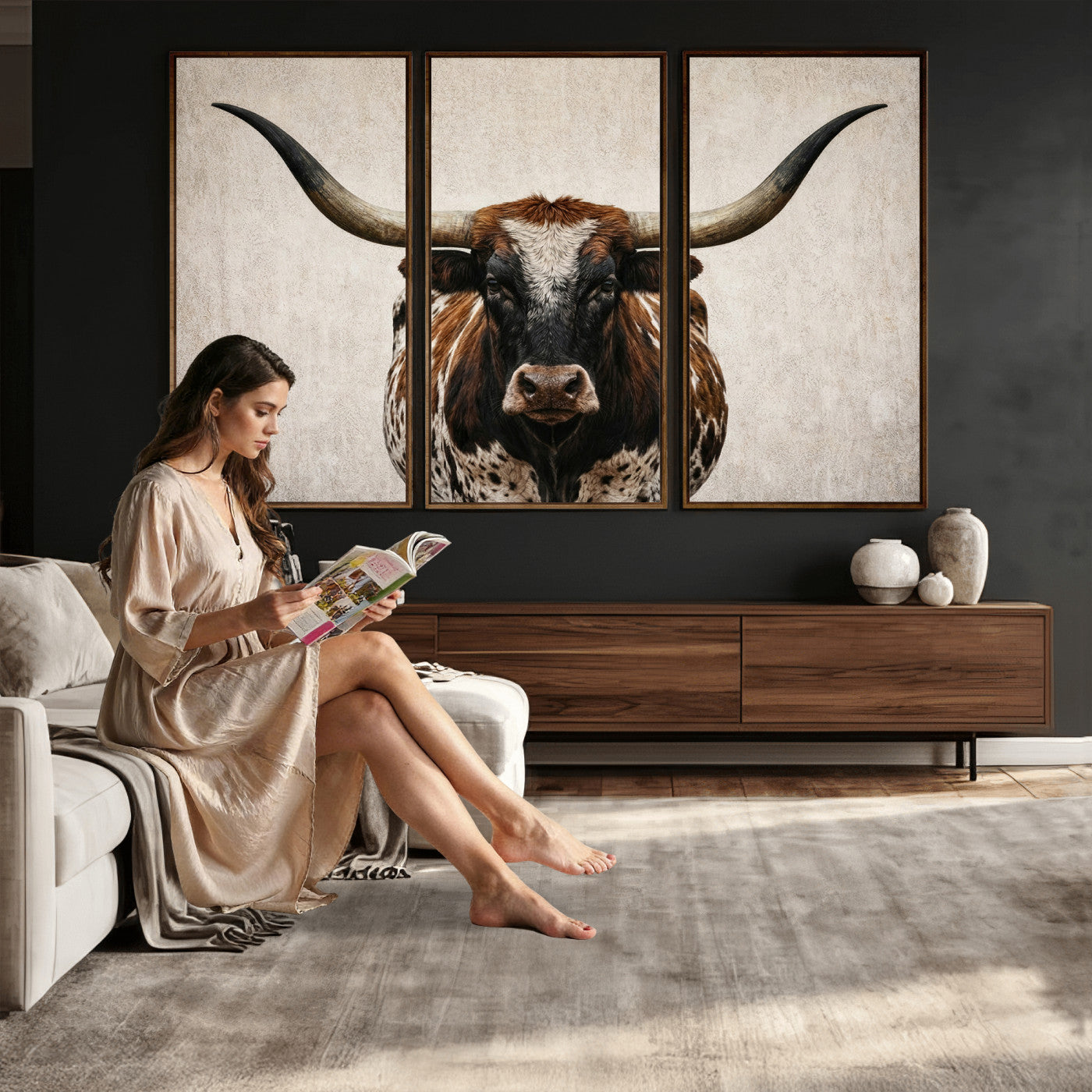 58622065-MGV-CV-36X24 - Texas Longhorn Canvas Wall Art Western Bull Desert Moody Grey Overcast Rustic Farmhouse Framed Large for Living Room Bedroom Office Decor