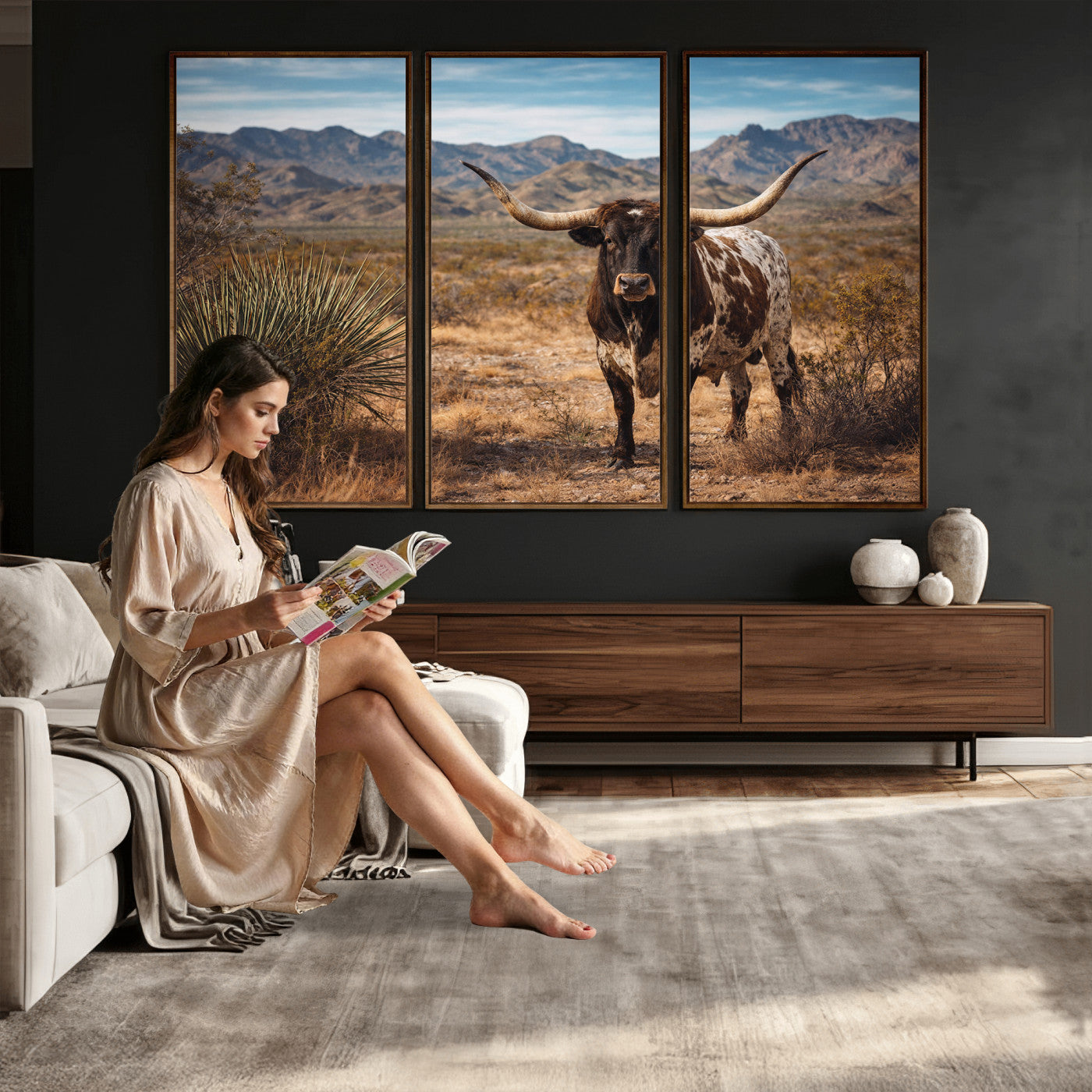 26448918-MGV-CV-36X24 - Texas Longhorn Canvas Wall Art Western Bull Desert Moody Grey Overcast Rustic Farmhouse Framed Large for Living Room Bedroom Office Decor