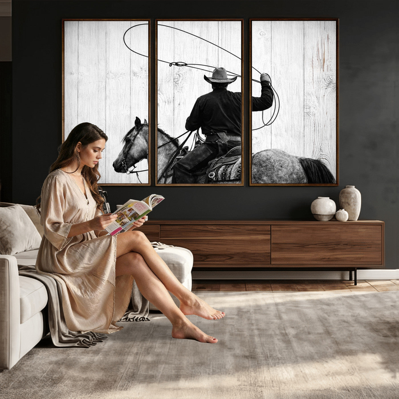 22569358-MGV-CV-36X24 - Cowboy Lasso Canvas Wall Art, Black White Western Horse Photo Print, Rustic Ranch Rodeo Decor, Farmhouse Western Art, Cowboy Gift for Him