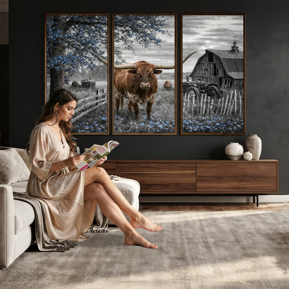Texas Longhorn Canvas Wall Art, Rustic Farm Barn Bluebonnet Field
