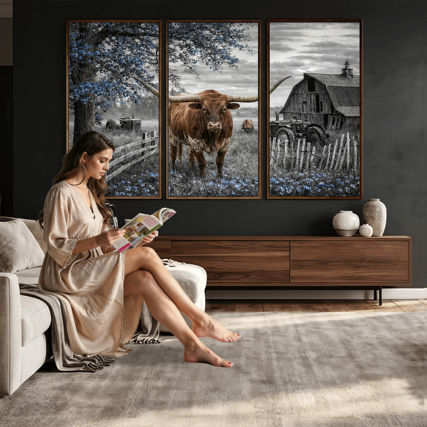 19366343-MGV-CV-36X24 - Texas Longhorn Canvas Wall Art, Rustic Farm Barn Bluebonnet Photography Print, Farmhouse Country Decor, Western Ranch Art, Old Truck Tractor Print