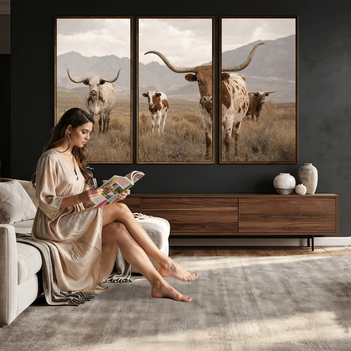 62336425AD-MGV-CV-36X24 - Rustic Texas Longhorn Cow Canvas Wall Art Print, Rustic Farm Animal Photography Print, Farmhouse Country Decor, Western Ranch Art