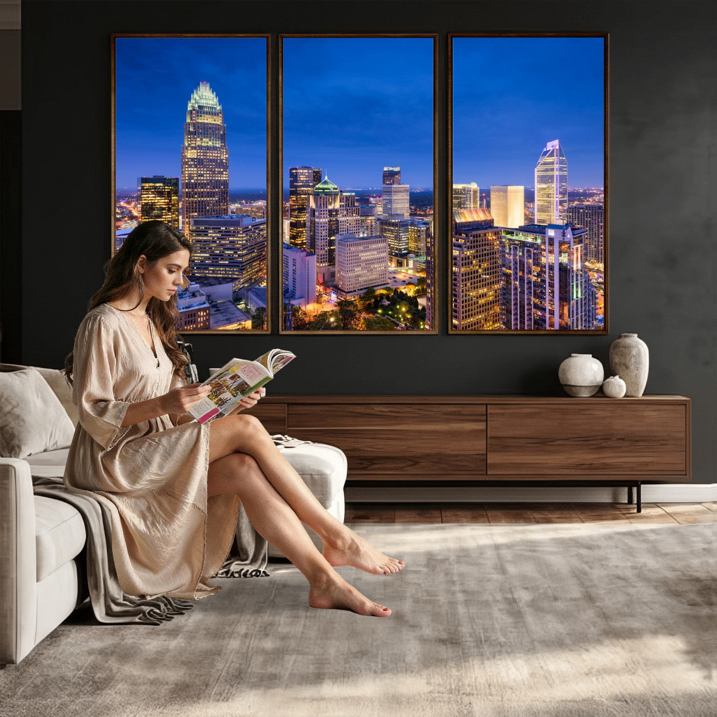 74382190-MGV-CV-36X24 - Charlotte Skyline Canvas Wall Art Print – North Carolina Cityscape Photography Print