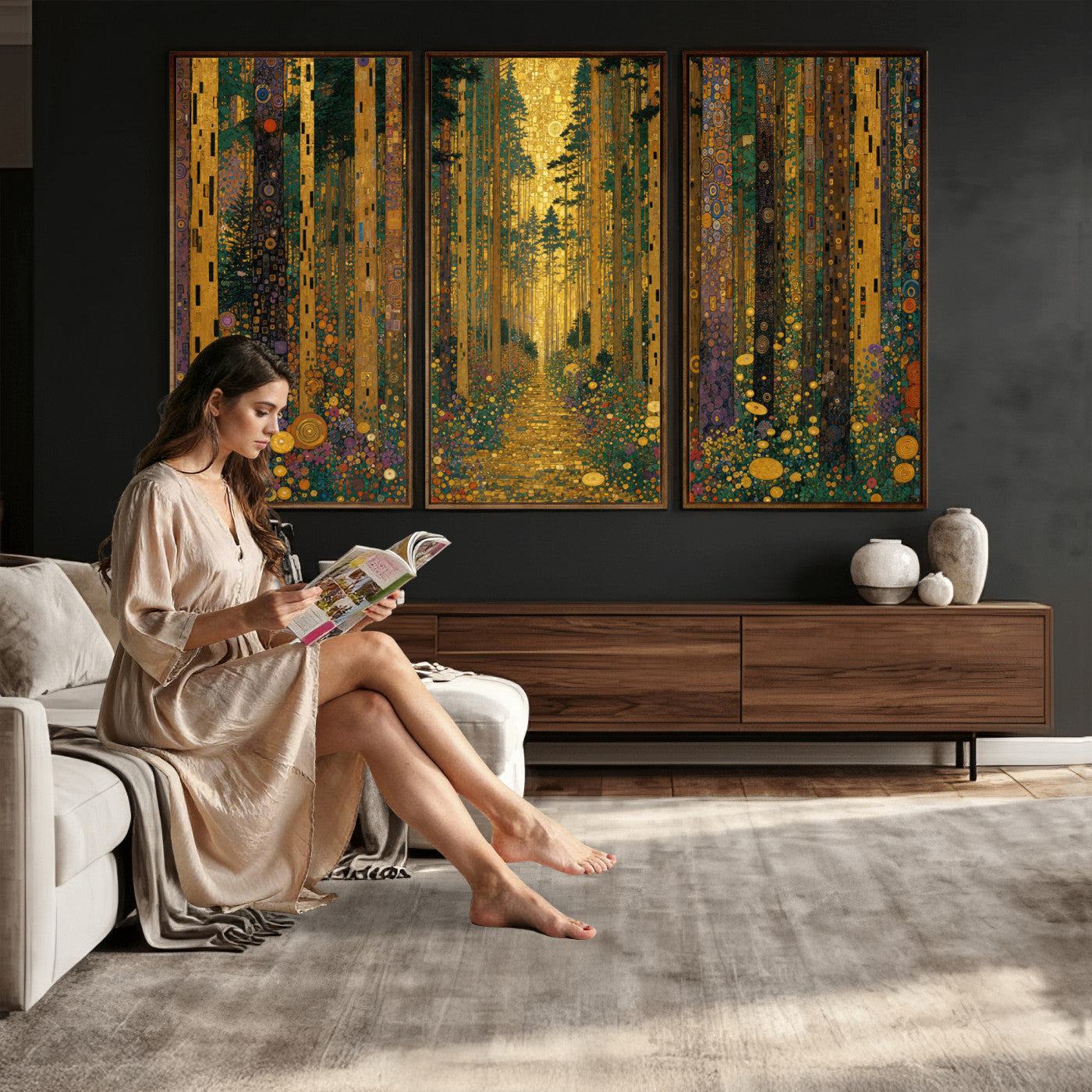 79483321G-MGV-CV-48X32-3P - Gustav Klimt Style Forest Canvas Wall Art, Golden Forest Path Floral Art Nouveau Print, Enchanted Woodland Decor