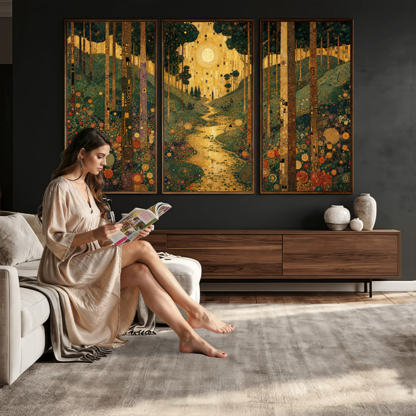 79483321GS-MGV-CV-48X32-3P - Gustav Klimt Style Forest Canvas Wall Art, Golden Forest Path Floral Art Nouveau Print, Enchanted Woodland Decor